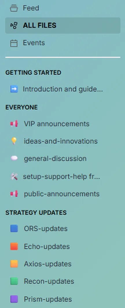 The Member Hub sidebar, showing the Getting Started, Everyone and Strategy Updates channel groups.