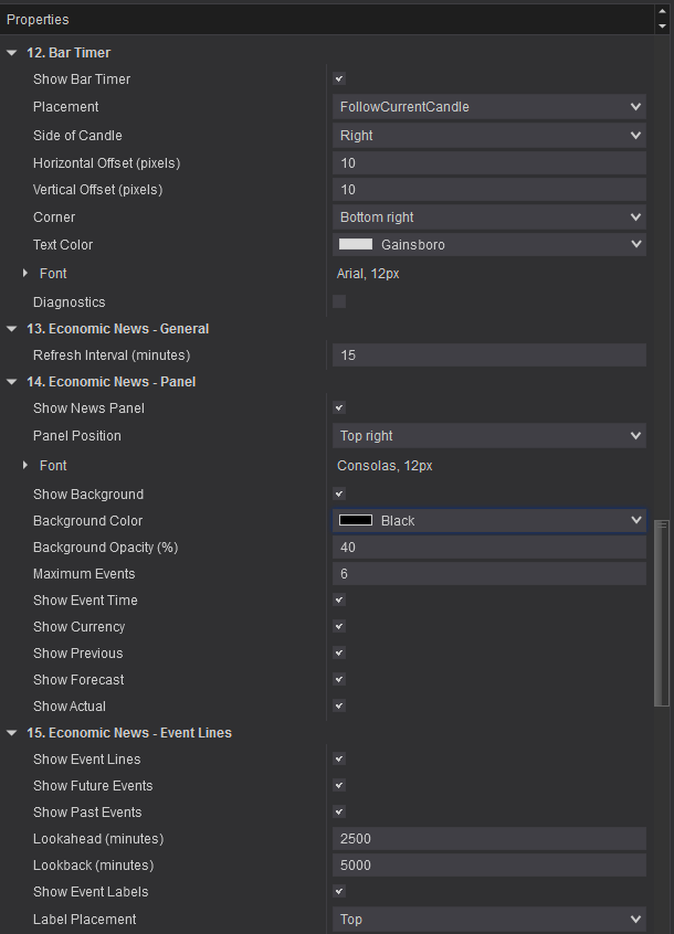 The StratGeeks Chart Essentials settings window showing the Bar Timer group followed by Economic News groups for general refresh, the news panel, and event lines with lookahead, lookback and label placement.