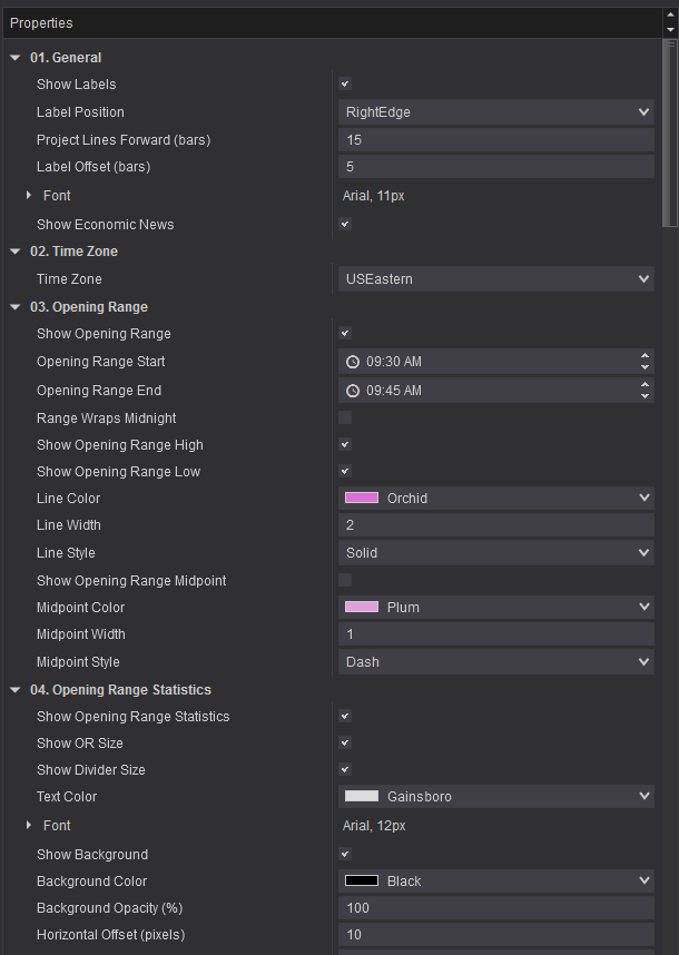 The StratGeeks Chart Essentials settings window showing numbered groups: General, Time Zone, Opening Range with start and end times, and Opening Range Statistics.