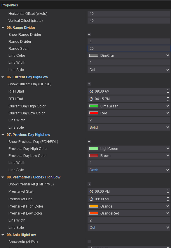 The StratGeeks Chart Essentials settings window showing the Range Divider group and separate groups for Current Day High/Low, Previous Day High/Low, Premarket / Globex High/Low and Asia High/Low, each with its own toggle, times and colours.